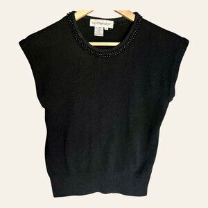 Quiet Luxury VTG Black Beaded Collar Lambswool Angora Knit Top Sleeveless Sz S